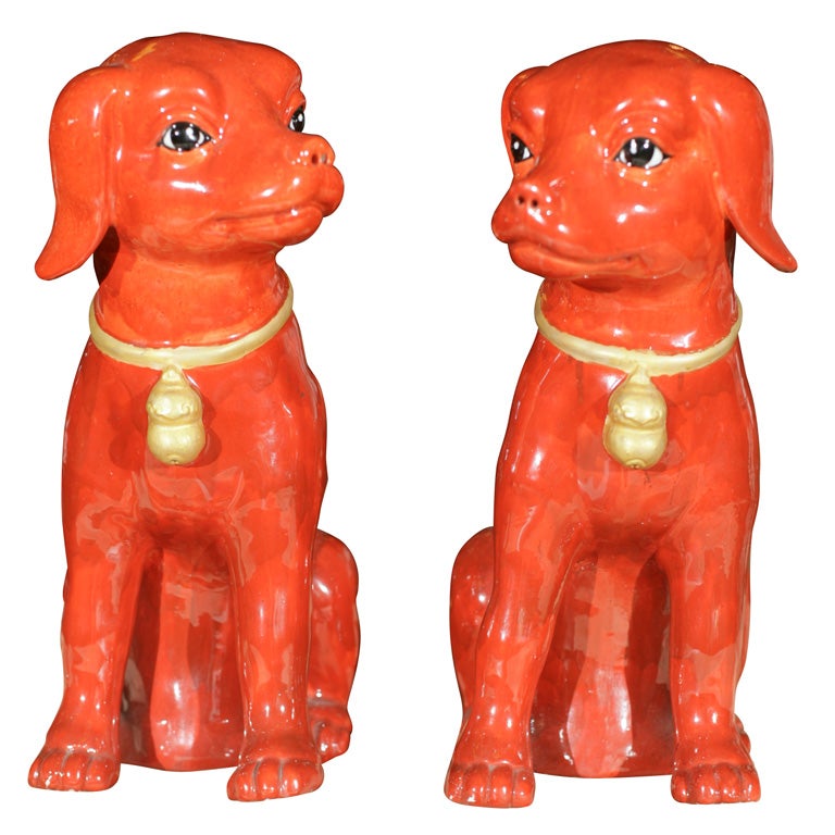 Pair Of Red Glazed Porcelain  Dogs For Sale