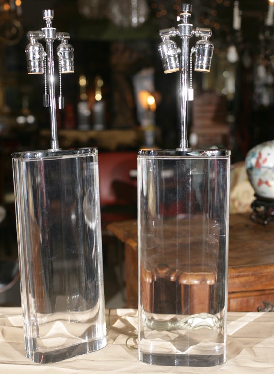 Pair Karl Springer Lucite Block Lamps