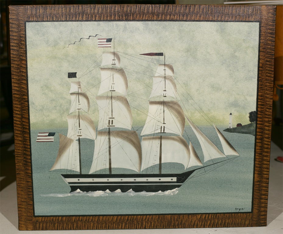 HAND PAINTED PRIMITIVE SAILING SHIP AND WOOD- CAN BE STOOD ON FLOOR OR HUNG ON WALL- SIGNED HOPE R. ARGIER. WHO IS A CONTEMPORY NEW ENGLAND ARTIST