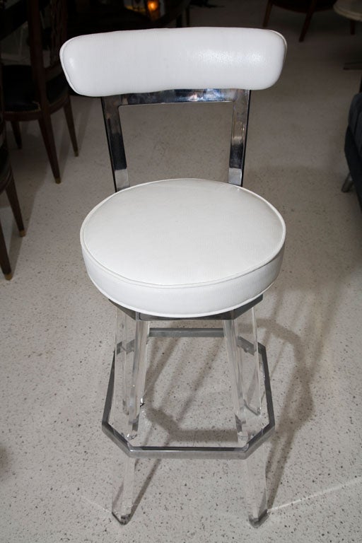 American Set of Three Polished Chrome and Lucite Barstools