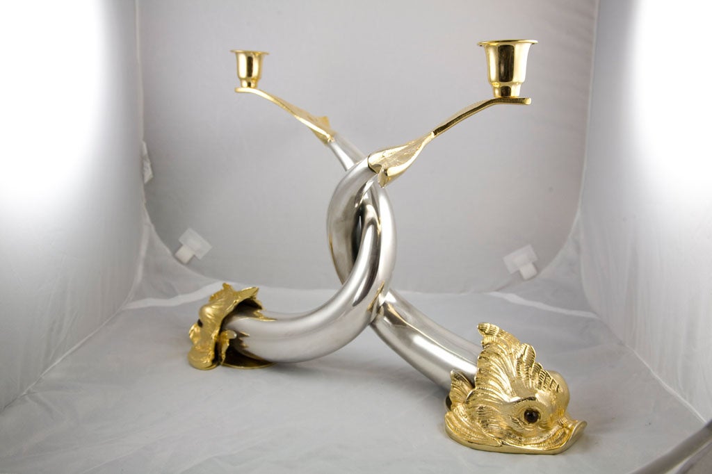 Silver Plate and Brass Dolphin Candleholders by Christian Dior