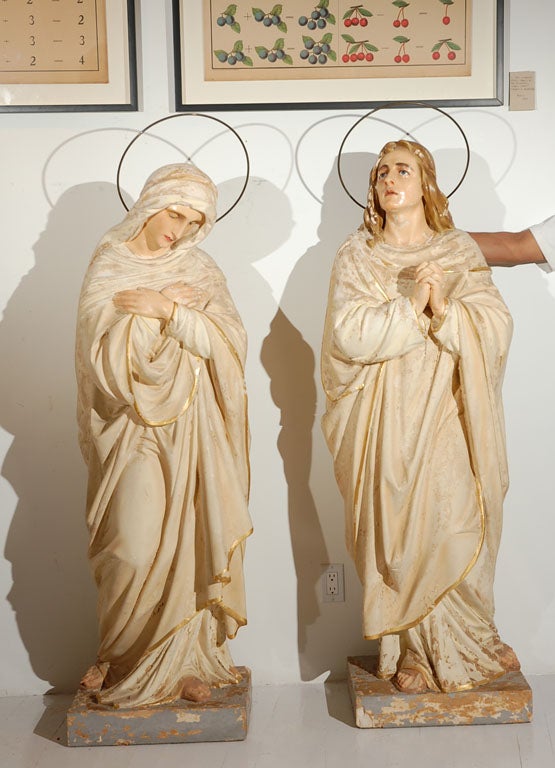 Great pair of lifesize religious angel statues. Very nice facial expressions. Found in the southwestern US. Priced for the pair. Please note that one halo will attach loosely. The 2nd halo would need some glue to permanently affix. Sturdy solid