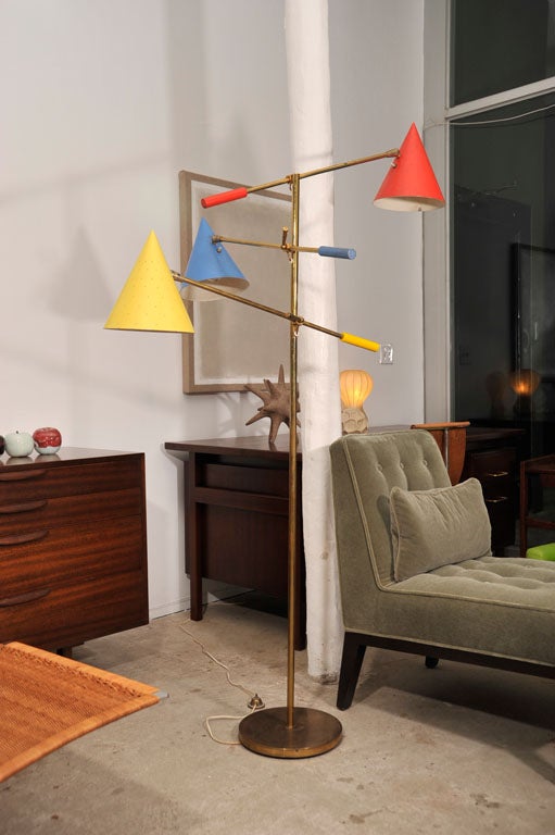American 3 arm, articulated, 1950's brass floor lamp, mfg by Lightolier