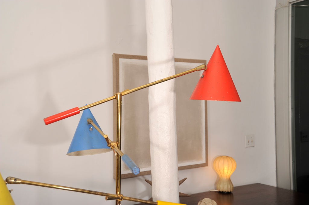 Brass 3 arm, articulated, 1950's brass floor lamp, mfg by Lightolier