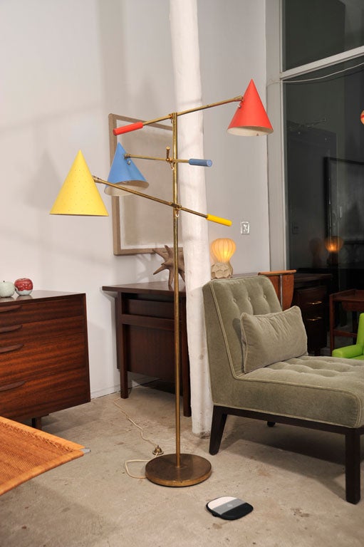3 arm, articulated, 1950's brass floor lamp, mfg by Lightolier 5