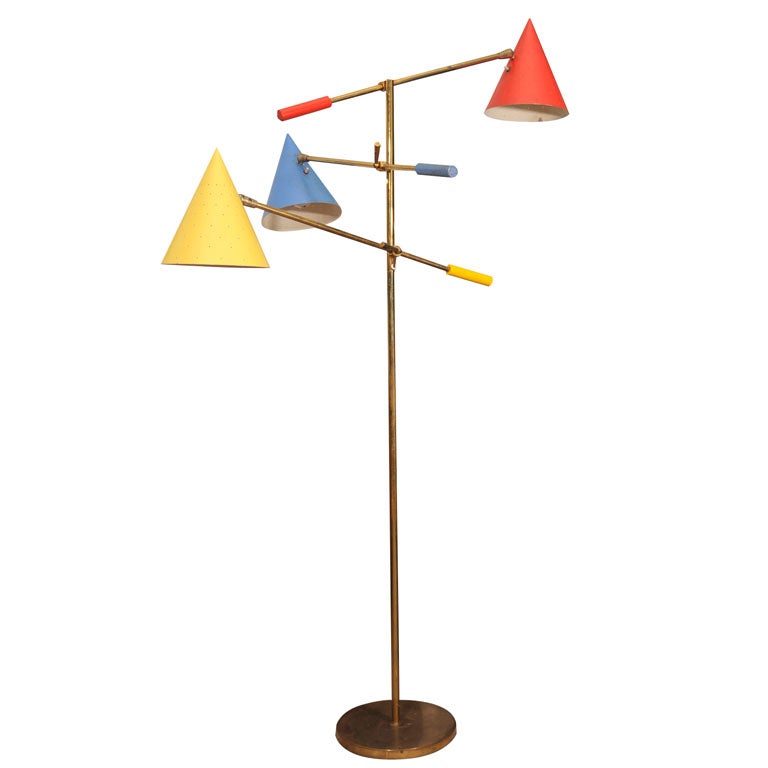 3 arm, articulated, 1950's brass floor lamp, mfg by Lightolier