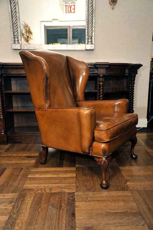 Pair Queen Anne-Style Leather Wing Chairs, England, Late 19th c. 2