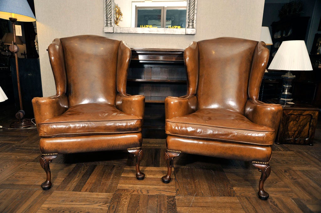 Pair Queen Anne-Style Leather Wing Chairs, England, Late 19th c. 6
