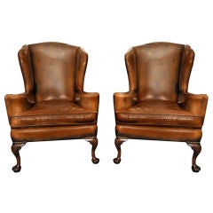 Antique Pair Queen Anne-Style Leather Wing Chairs, England, Late 19th c.