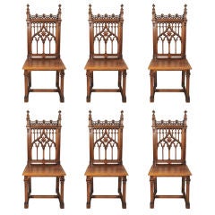 Set of 6 Carved Walnut Gothic Side Chairs, England, c. 1875