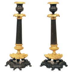 Pair Louis Philippe Patinated & Gilt Bronze Candlesticks, 19th c