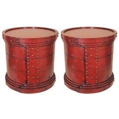 Vintage Pair Red Lacquer Lidded Grain Bins, China, 20th Century
