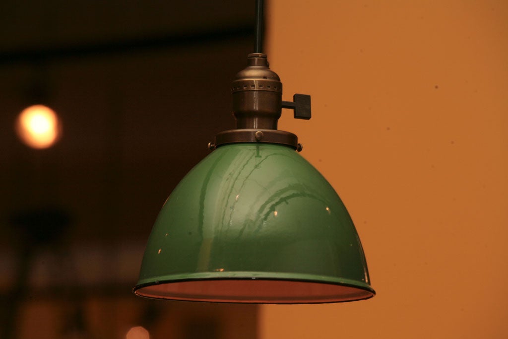 20th Century Hooded Green and White Enamel Pendant fixtures For Sale