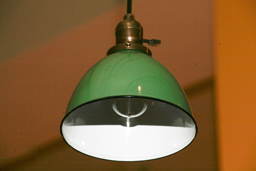 Hooded Green and White Enamel Pendant fixtures For Sale 2