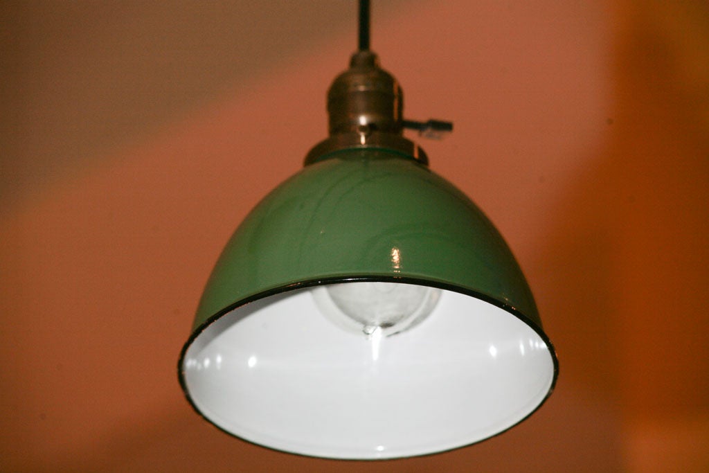 Hooded Green and White Enamel Pendant fixtures For Sale 3