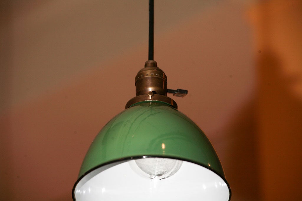 Hooded Green and White Enamel Pendant fixtures For Sale 4