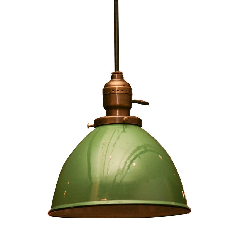 Hooded Green and White Enamel Pendant fixtures For Sale