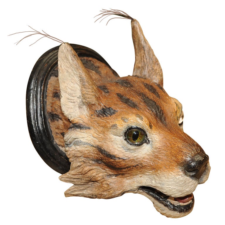 19th c. Fine and Rare Austrian Painted Terracotta Lynx Head. For Sale