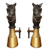 Pair: 19thc. Victorian Patinated Iron/Gilt Bronze Horse Andirons