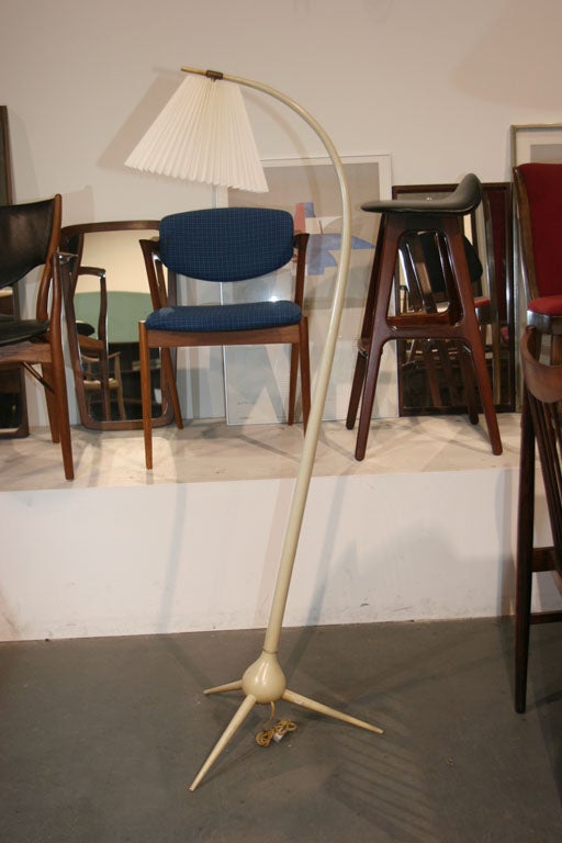 Floorlamp designed by Severin Hansen in 1953.  Features painted beech frame, elephant Tusk-like neck, brass fittings and accordion shade. Switch is cleverly hidden underneath the bulb-shaped base. Located at Baxter & Liebchen at ABC Home, 888