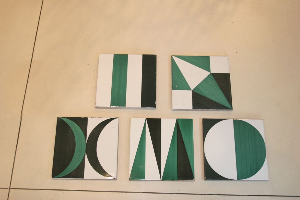 Gio Ponti<br />
Hand glazed tiles from the Parco dei Principi Hotel in Rome. Please inquire about specific quantities available; some designs have limited quantities, minimum of 25 tiles must be purchased. See extra images for installation image of