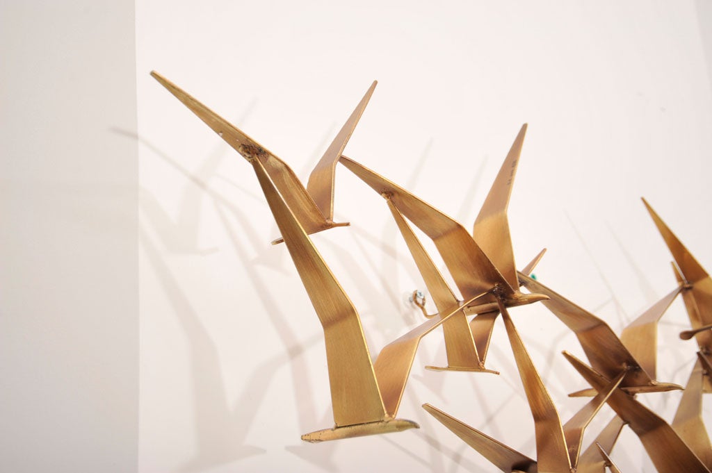 Flock of birds brass sculpture by Curtis Jere ca. 1970. Has original wall mount hooks and is signed.