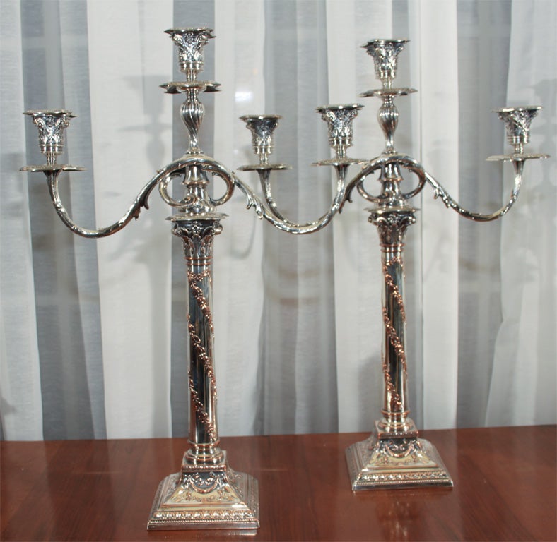 Pair 3 light Sheffield candelabra.