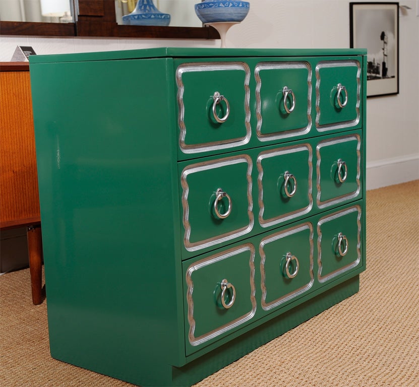 Heritage Furn Co chest designed by Dorothy Draper. Original color of blue/green with silver accents and handles.