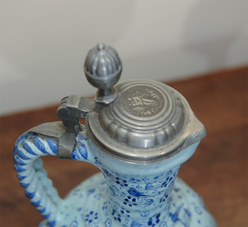 18th Century and Earlier German faience Ewer with pewter lid and base