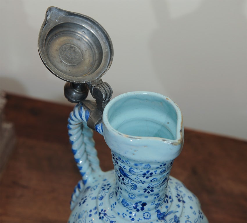 German faience Ewer with pewter lid and base 1
