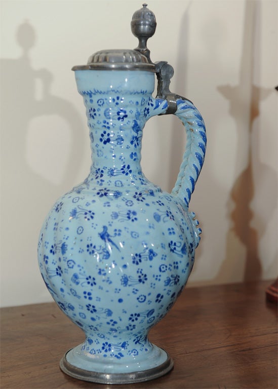German faience Ewer with pewter lid and base 2