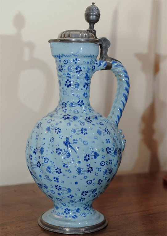 German faience Ewer with pewter lid and base 3