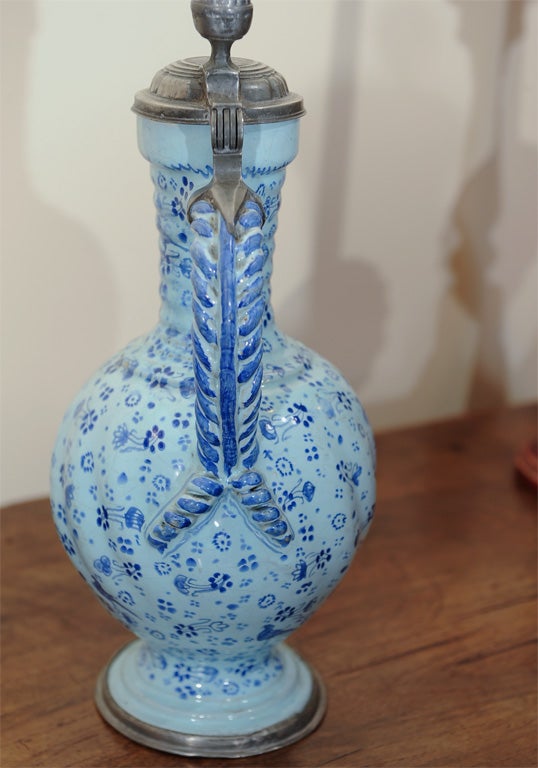 German faience Ewer with pewter lid and base 5