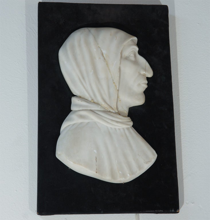 A mid-19th century marble profile of Girolamo Savonarola, Italian Dominican priest and leader of Florence from 1494 until his execution in 1498, ordered the burning of major Renaissance art, books, musical instruments in 1497 which became known as