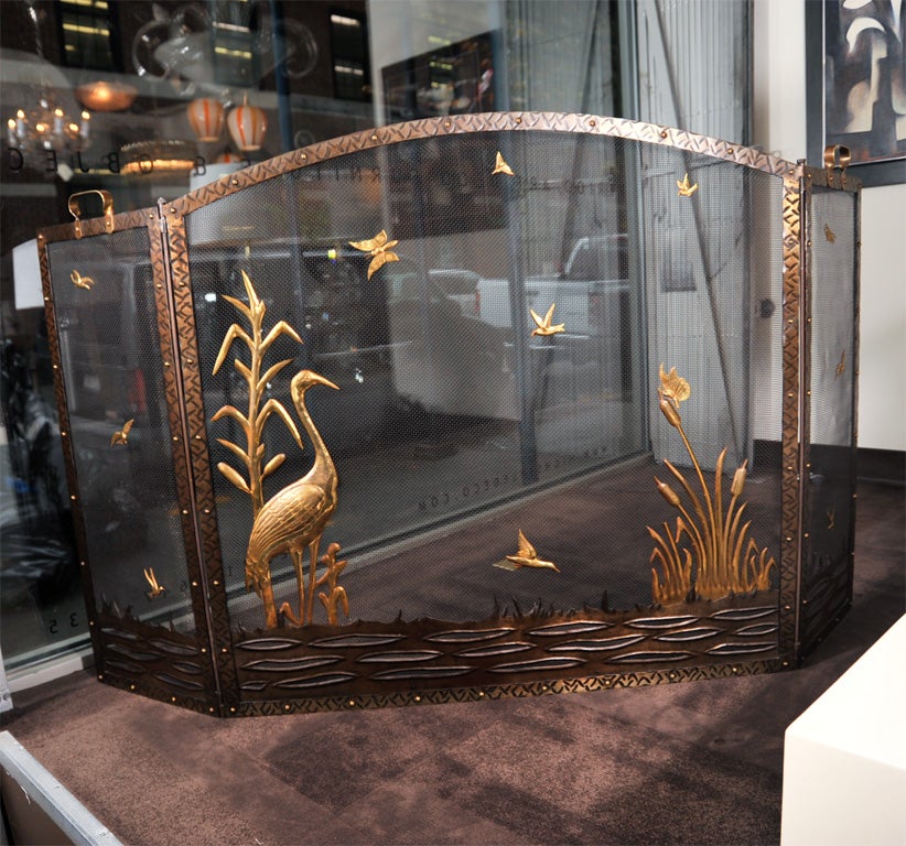 Spectacular relief of heron with birds,butterflies and reeds with  stylized water. Bronze,copper and brass detailing