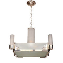 Art Deco Chandelier in Nickeled Bronze & Frosted Etched Glass