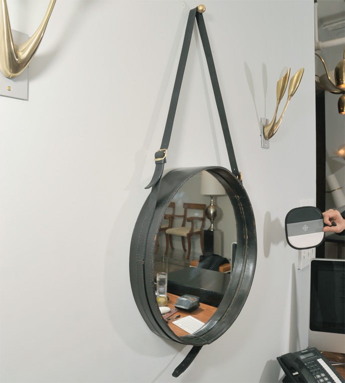 Leather Pair of large Jacques Adnet mirrors