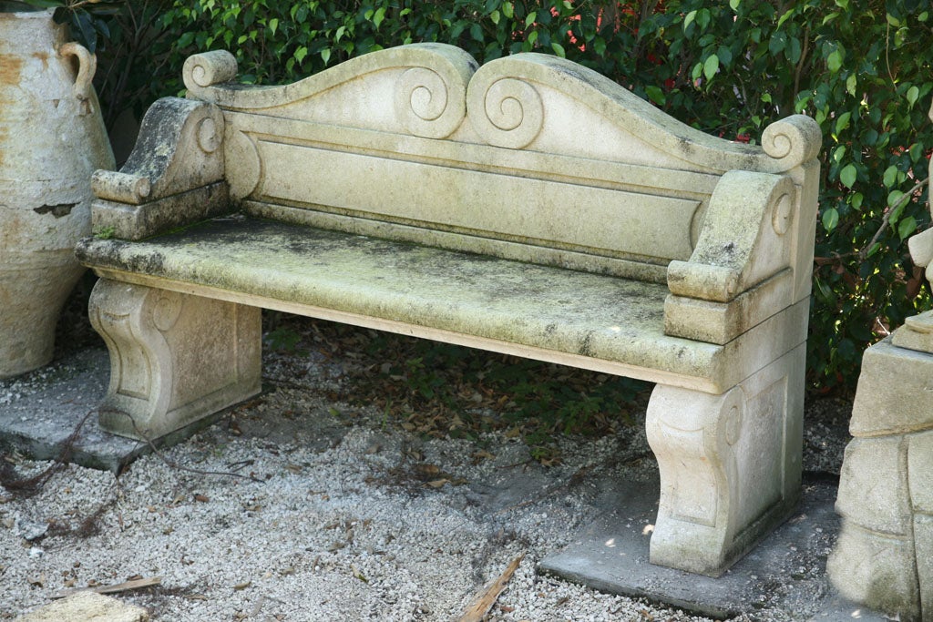 Very elegant pair of hand carved benches with armrest and scrolled back