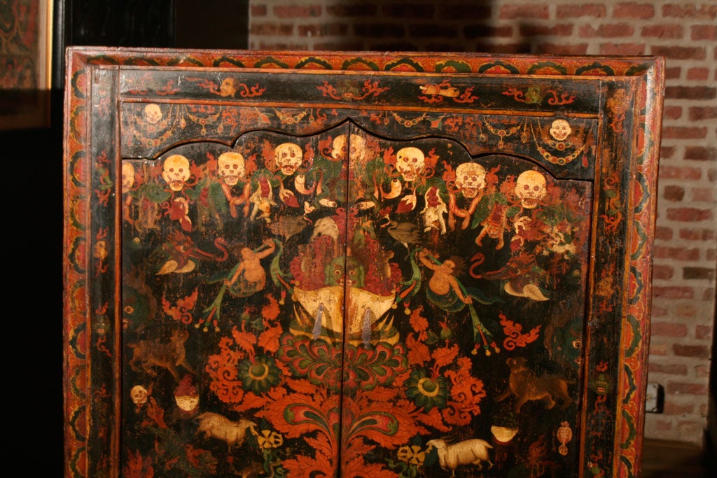 Almost all Tibetan furniture was painted as this helped hide the simple joinery of the furniture and Tibetan taste preferred vivid painting to the subtlety of wood grain.  The virtual absence in Tibet of high humidity and insect pests, the two main