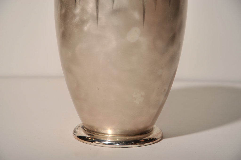 Art Deco inspired etched silverplate Ikora vase by Wurttembergische Metallwarenfabrik (WMF). Visit Quotientnyc.com to view our complete collection.