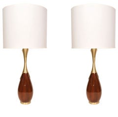 Pair of Sculptural Walnut and Satin Brass Lamps by Laurel