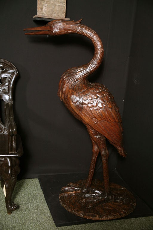 A 19th c. Swiss Carved Black Forest Blue Heron, lifesize