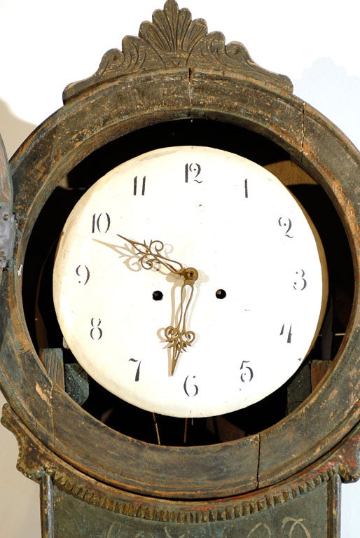 Swedish Early 19th Century Carved Wooden Mora Clock with Original Blue Paint In Good Condition In Atlanta, GA