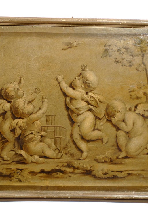 19th Century French 1820s Horizontal Grisaille Painting Depicting Cherubs Chasing a Bird