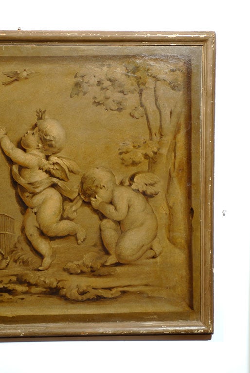 Wood French 1820s Horizontal Grisaille Painting Depicting Cherubs Chasing a Bird