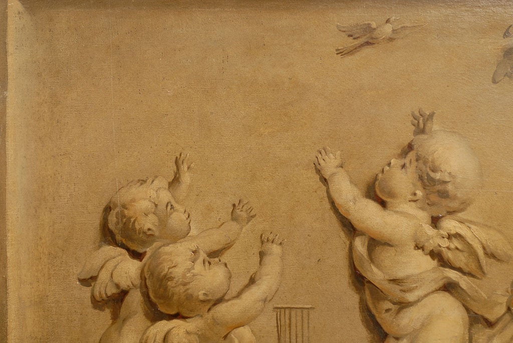 French 1820s Horizontal Grisaille Painting Depicting Cherubs Chasing a Bird 2