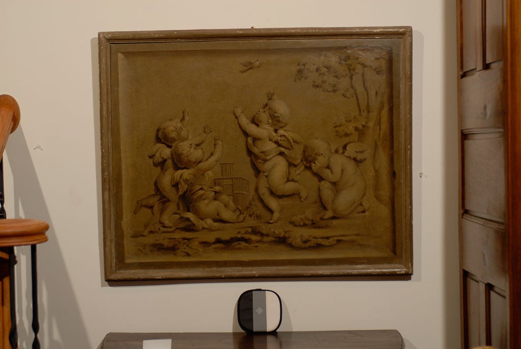 French 1820s Horizontal Grisaille Painting Depicting Cherubs Chasing a Bird 3