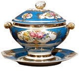 French Blue Soup Tureen with its Platter Adorned with Floral Décor, circa 1880