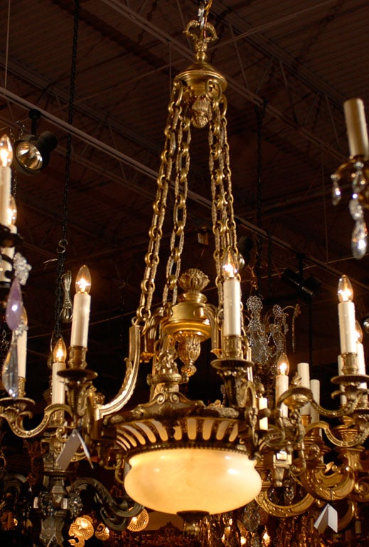 Unusual gilt bronze chandelier with alabaster dome, very fine gilt bronze frame, six lights