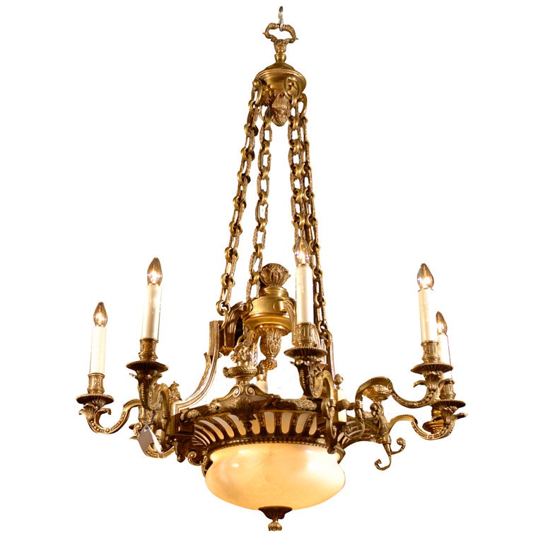 Antique Chandelier. Gilt bronze and alabaster chandelier For Sale at